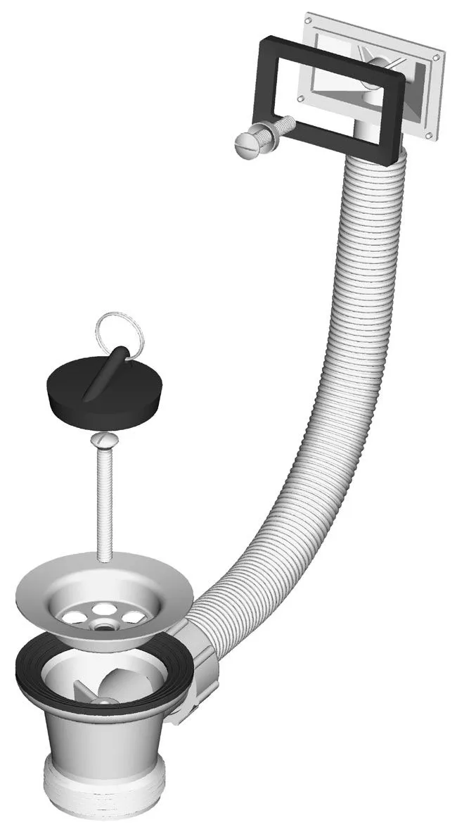 Sink discharge valve, grid Ø 70 mm, flexible rectangular overflow